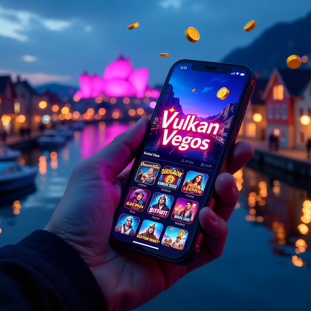 A hand holding a high-end smartphone with Vulkan Vegas colorful interface, background featuring the iconic Opera House in Oslo or the colorful wooden houses of Bryggen in Bergen. Neon blue and violet brand colors, 3D flying golden coins and vibrant casino